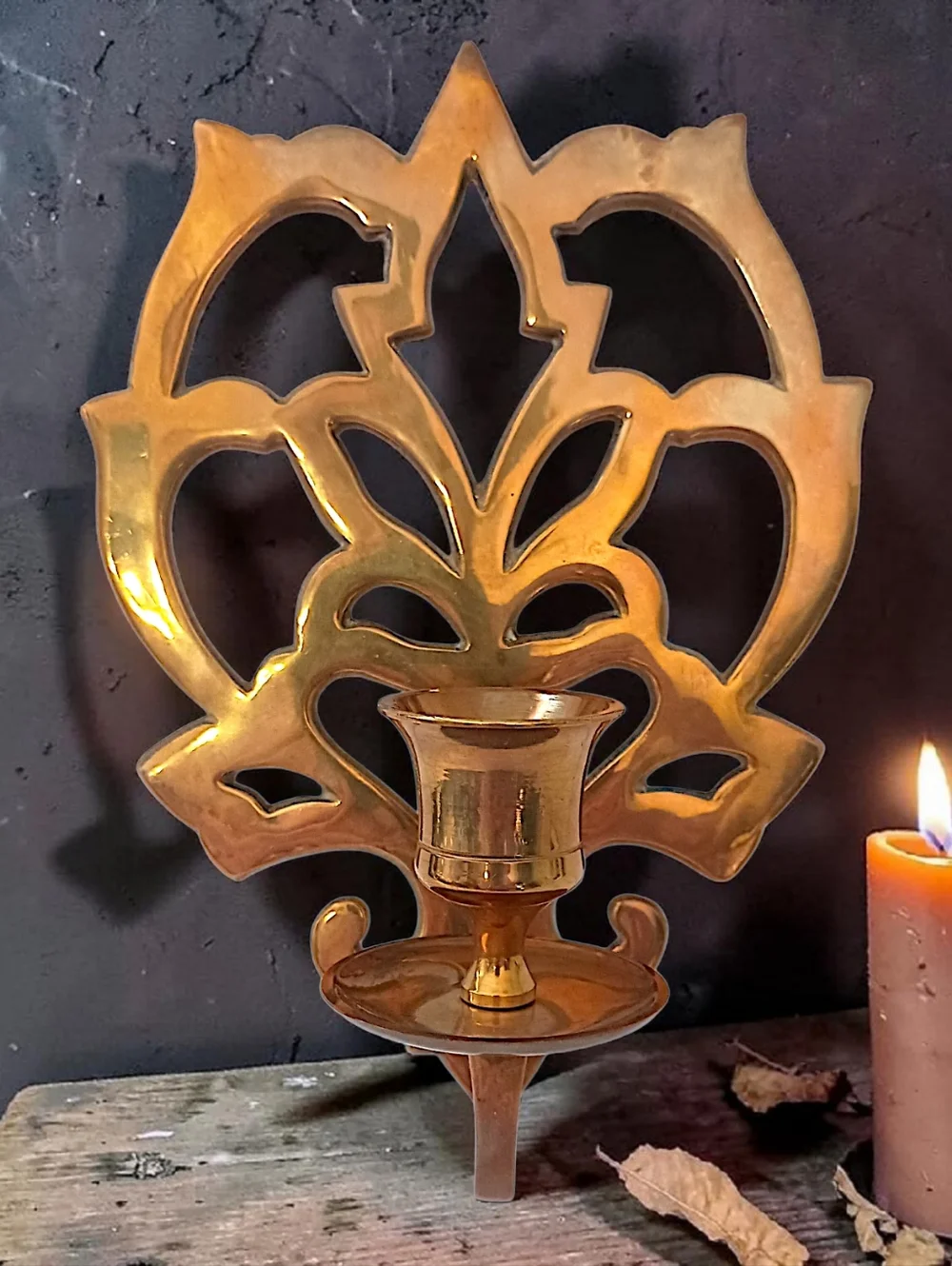 Solid‎ Brass Wall Sconce Single Candle Holder Lotus Flower Open Work Old World